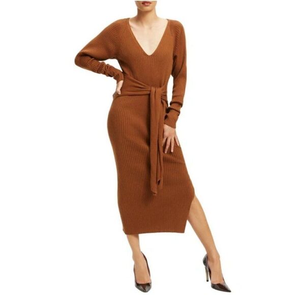 Good American 3/4(L/XL) Long Sleeve Belted Body Con Dress Ribbed Knit Sepia/Brwn - Picture 1 of 6